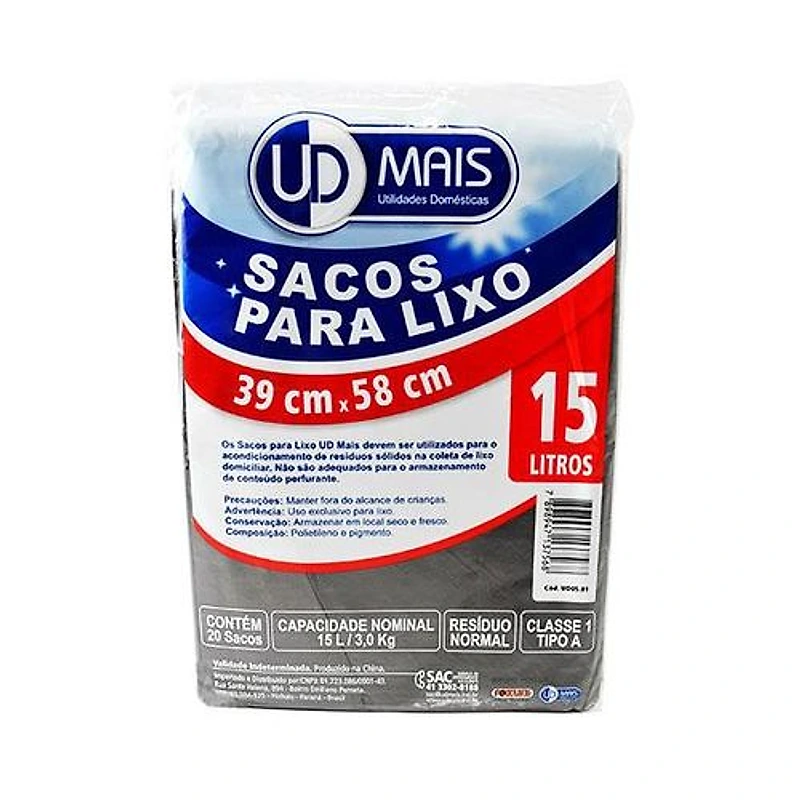 Saco para Lixo Preto 15L 39x58cm com 20 Peças Udmais/Foxlux — Campinas