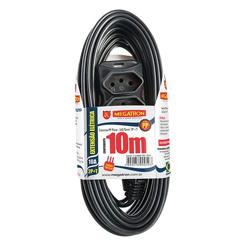 Extensão Elétrica Tripla 3P 10A 3x0,75mm² 10m Preta Megatron — Campinas