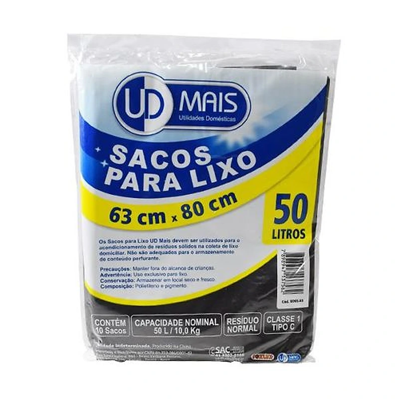 Saco para Lixo Preto 50L 63x80cm com 10 Peças Udmais/Foxlux — Campinas
