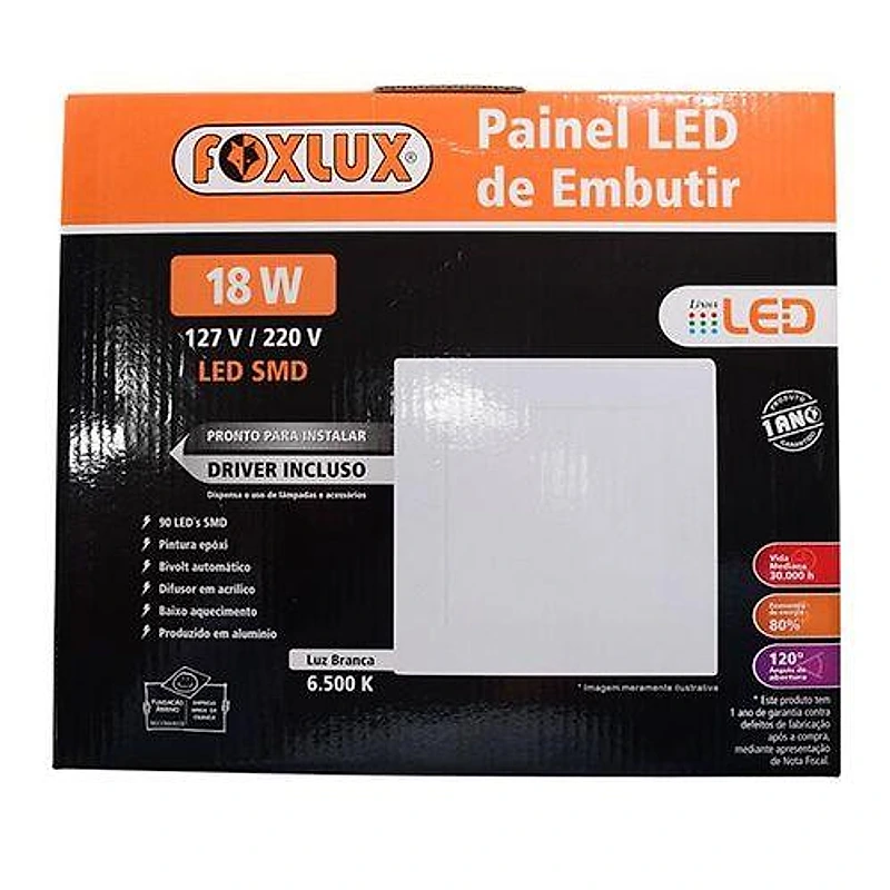 Painel LED Embutir Quadrado 18W Branca Fria 6500K Alumínio Foxlux — Campinas