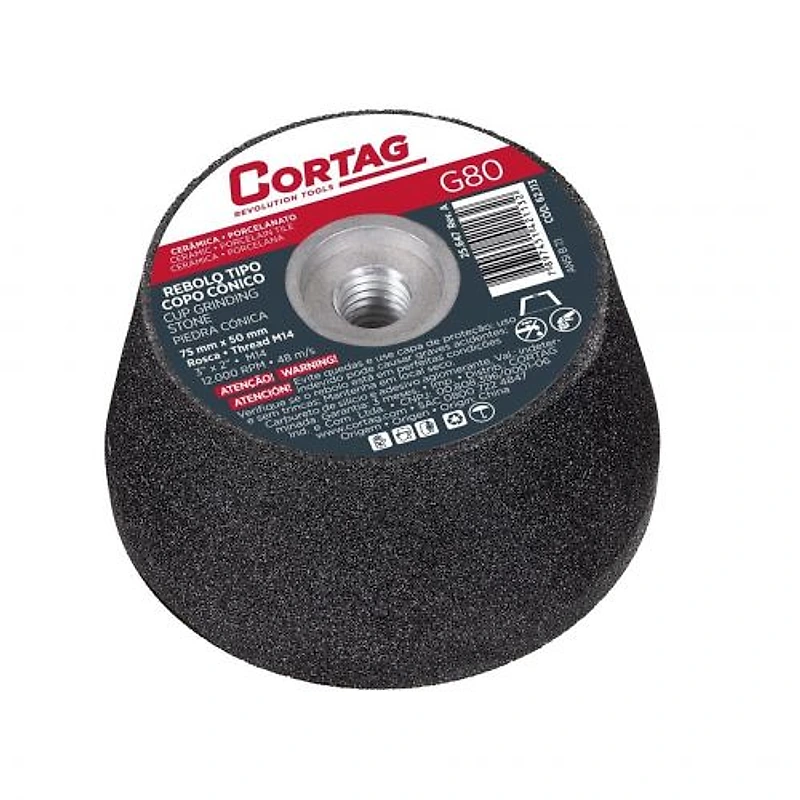 Rebolo Copo Cônico 75mm Grão 80 M14 Cortag 62113 — Campinas