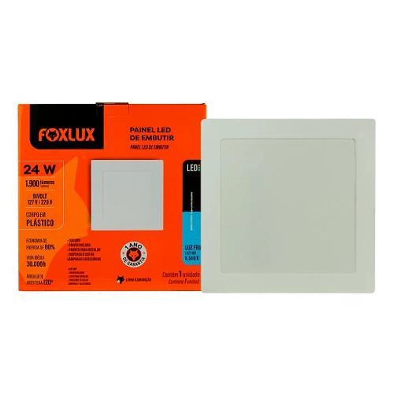 Painel LED Embutir Quadrado 24W Branca Fria 6500K Plástico Foxlux — Campinas