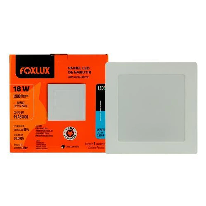Painel LED Embutir Quadrado 18W Branca Fria 6500K Plástico Foxlux — Campinas