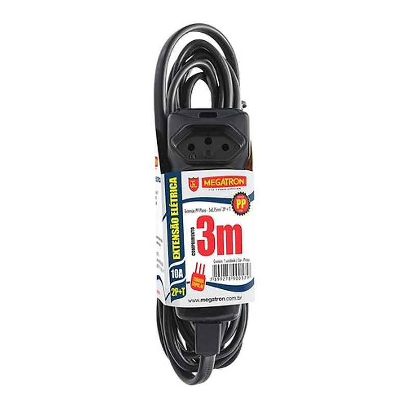 Extensão Elétrica Tripla 3P 10A 3x0,75mm² 3m Preta Megatron — Campinas