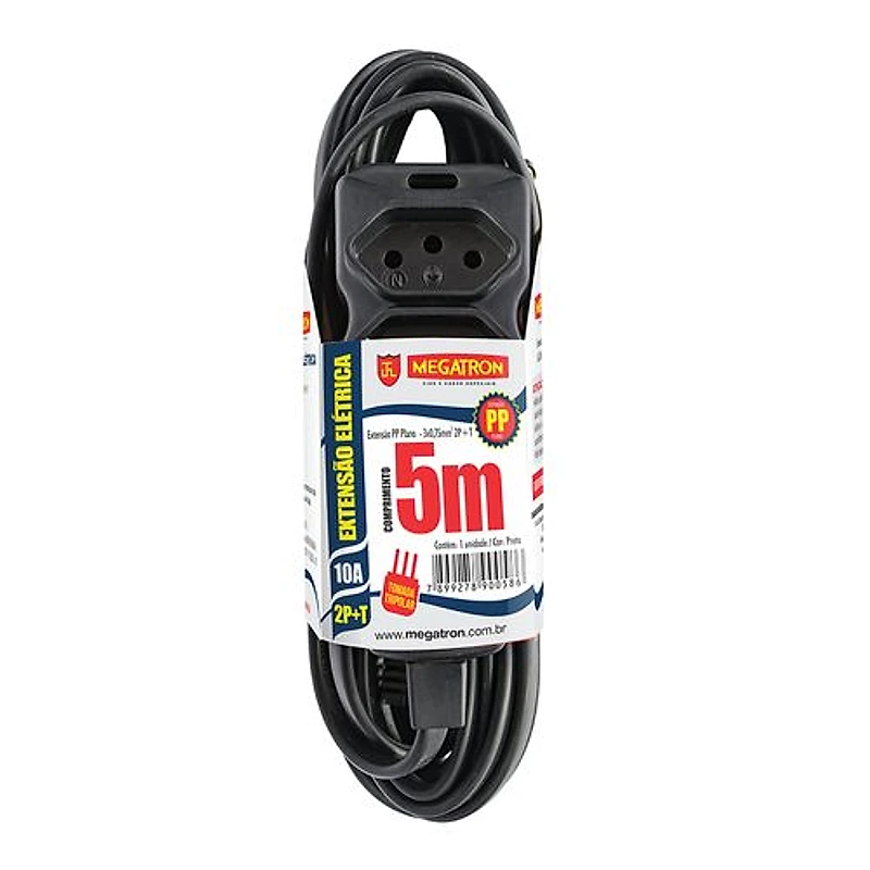 Extensão Elétrica Tripla 3P 10A 3x0,75mm² 5m Preta Megatron — Campinas
